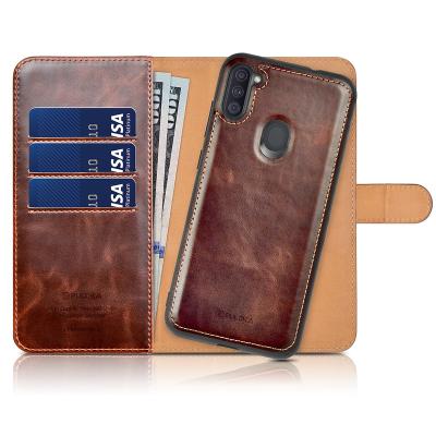 China PULOKA Premium Handmade Leather Shockproof Cell Phone Wallet Phone Case Factory For Samsung A11 Phone Cover Flip Wallet Case for sale