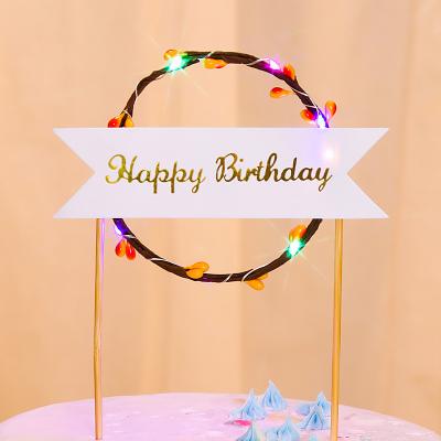 China Festival ; New Arrival LED Rattan Romantic Shiny Cake Topper Happy Birthday Concert Decoration Rattan Cake Toppers For Party Supplies for sale