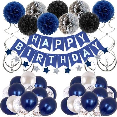 China Festival Decoration Birthday Decorations Silver Blue Balloons Set Happy Birthday Banner Party Decorations for Girls Boys Women Men for sale