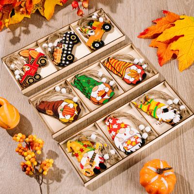 China Grid 9 Styles Wooden Truck Pendant Decoration 3 Thanksgiving Day Rope Canvas Gnome With Pumpkin Hanging Toy As Children Gift for sale