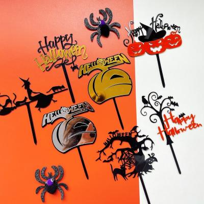 China 2002 Hot Selling Plastic Halloween Acrylic Pumpkin Spider Witch Happy Cake Topper for sale