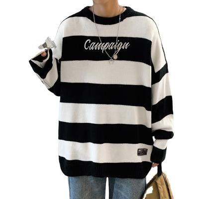 China Hong Kong Style Handsome Round Neck Sweater Men's Loose Embroidered Striped Embroidered Men's Sweater Youth Student Shirt Autumn And Winter Anti-wrinkle for sale