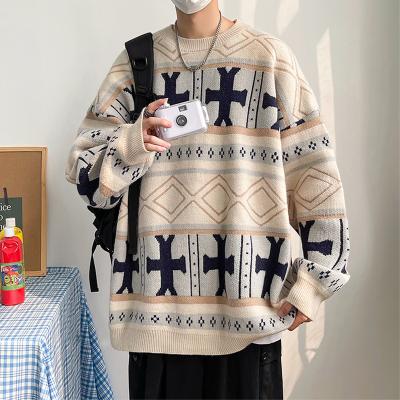 China Autumn Winter Plus Size Round Neck Sweater Anti-wrinkle Striped Checkerboard Men's Sweater Classic Knitted Sweater Men Plus Size 6XL for sale