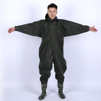 China Bachelor Waterproof Clothing MR06 Man Fishing Hoody Overall Suit With Stripe Color Boots Size 38-45 PVC Material 0.85mm Dark Green Thickness for sale