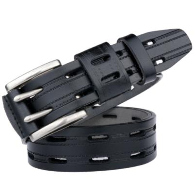 China GB55 New Double Buckle Men's Leather Belt Leisure Leather Cowboy Belt Canvas Belt for sale