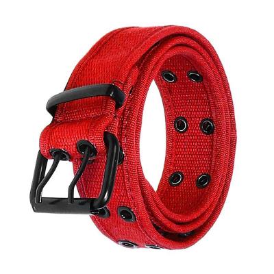 China Canvas Belt Factory Grommet Hole Double Braided Canvas Woven Web Belt With Metal Buckle for sale