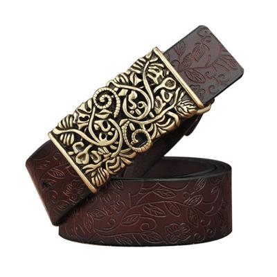 China Flower Embossed Yiwu Vintage Ladies Smooth Pin Buckle Genuine Leather Embossed Black Flower Woman Belt for sale