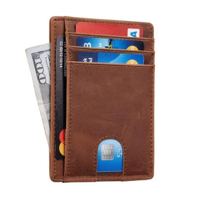 China Slim Genuine Leather RFID Front Pocket Wallet Minimalist Secure Slim Genuine Leather Credit Card Holder For Men for sale