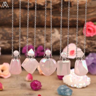 China Vintage Women Aura Spirit Crystal Perfume Oil Bottle Jewelry , AB Rose Quartz Necklace With Perfume Bottle for sale