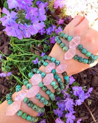 China Vintage Rock Stone Bracelets Jewelry For Women, Double Point Rose Quartz Bracelets, Turquoise Stone Elastic Bracelets for sale