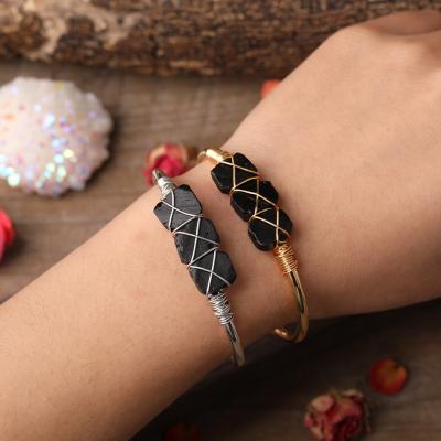 China TRENDY Women Stone Beads Bracelet Jewelry Square Black Tourmaline Beads Gold Silver Wire Wrapped Bracelet for sale