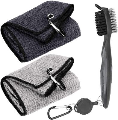 China Waffle Clean Pattern Microfiber Towel Set Triple Golf Pack Brush Tool Kit With Club Groove Remover Accessories for sale