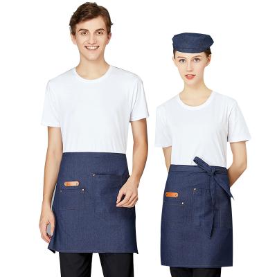 China Durable Half Length Cleaning Apron Logo Polyester Restaurant Waist Apron Custom Made With Pockets for sale