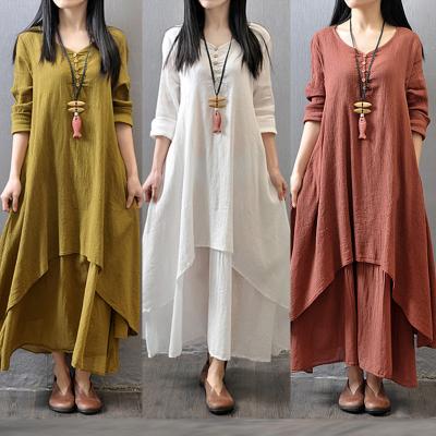 China 2022 anti-static spring and cotton loose long-sleeved linen dress literary and large autumn two-piece long skirt and linen skirt plus size for sale