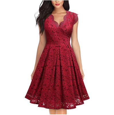 China Plus Size Anti-Static Lace Layered Knee Length Dress Women Lace Up Sleeveless Elegant Floral V-Neck Bodycon Dress Female Dress Even for sale