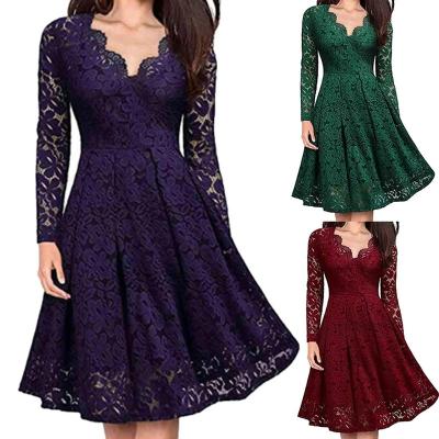 China Autumn Winter Long-Sleeved Lace Women's Dress 2022 Solid Color Swing V-neck Swing Dress Anti-static Big Size Sexy Fashion High Dress Dress for sale