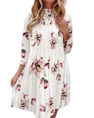 China Autumn Elegant Floral Print Pleated Office Dress Spring Anti-Static Turtle Neck Ruffle Women Dress Sexy Female 3/4 Sleeve Sheath A Line Dress for sale