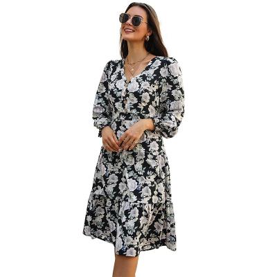 China 2021 Autumn Middle Eastern Women's Casual Dress Button Printed V-Neck Women's Anti-Static European and American Dress for sale