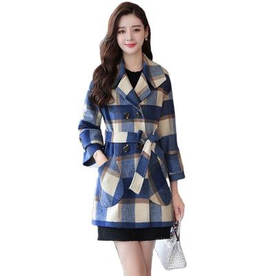 China Autumn Winter Fashion Plus Size Women's Coat Jacket 2021 Anti-wrinkle Plaid Sashes Korean Mid Length Wool Double Breasted Coat Female for sale