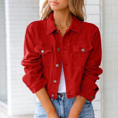 China Anti-wrinkle Autumn Long Sleeve Women's Denim Jacket Solid Coats Turn Down Collar Pockets Cropped Tops Female Cowboy Casual Fashion Jackets for sale