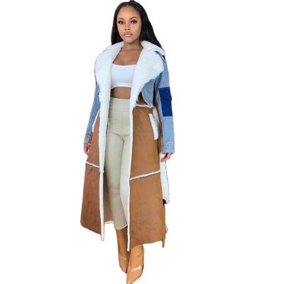 China New Lambswool Anti-wrinkle Coat Long Parka Fashion High Quality Hit Color Faux Fur Plush Striping Winter Jacket Women Warm Denim Outwear Coat for sale