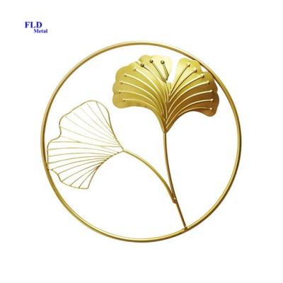 China Europe dropshipping Fuleide 3pcs metal set luxury golden ginkgo leaf home decorations pieces wall hanging for living room for sale