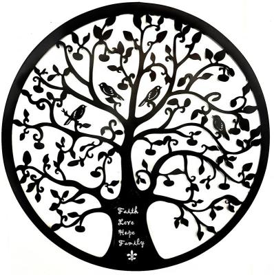 China Europe dropshipping luxury powder coating black laser cut metal framed tree of life wall art for living room decor for sale