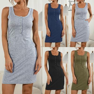 China Hot Selling Breathable Women Sexy Off Shoulder Vests Button Pocket Solid Color Summer Casual U-neck Slim High Waist Pencil Sleeveless Dress for sale