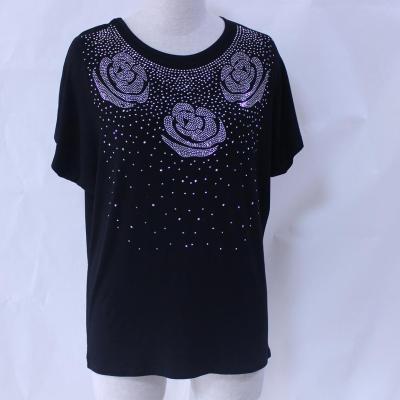 China Viable Ready To Ship New Junyuan Fashion Women Flower Hot Fix Rhinestones Plus Size O Neck Butterfly Sleeve T-Shirt For Lady for sale