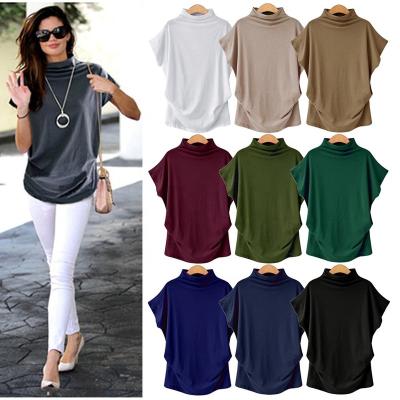 China Women Cotton Turtle Neck Breathable Bat Wing Casual Short Sleeve Blouse Solid Female Plus Size Tops Ladies Shirt Basic Collar T-shirt Top for sale