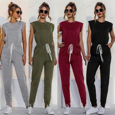 China QUICK DRY Women Outfits Casual One Piece O Neck Fitted Elastic Waist Pockets Drawstring Pencil Pant Solid Color Overalls And Rompers Long for sale