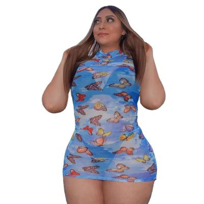 China Anti-wrinkle plus size women sexy Mesh Dresses Butterfly Printed Plus size women's summer wear dress for fat girls for sale