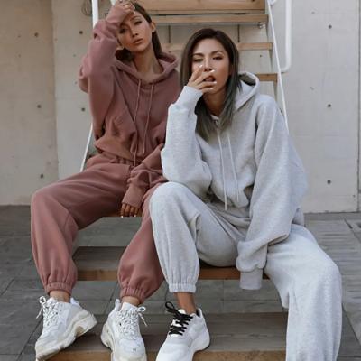 China New Design Custom Crop Anti-Wrinkle Tracker Top 100% Cotton Fleece Hoodie Pants 2 Pieces Set Tracksuits Women Jogger Sets for sale