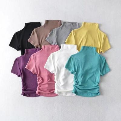 China The other new wholesale new high neck side ruffles upper section navel fabric ribbed women's crop sexy T-shirt ladies T-shirt for sale