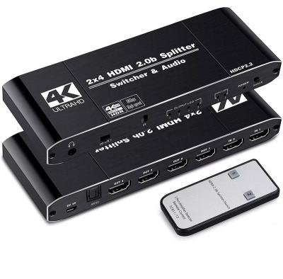 China Aluminum Alloy OZQ12 4K@60Hz 2x4 HDMI 2.0B Switcher Splitter Audio 3.5mm SPDIF Changer And Scaler 2 In 4 With Remote Support 4K 3D HDCP2.2 for sale