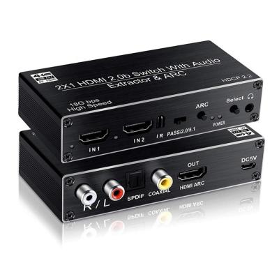 China OZV2 HDMI 2.0b Switcher 2x1 Splitter 2 in 1 4K@60HZ Changer Box with ARC Remote Optical Toslink SPDIF+Coaxial+Analog RCA Audio OZV2 for sale