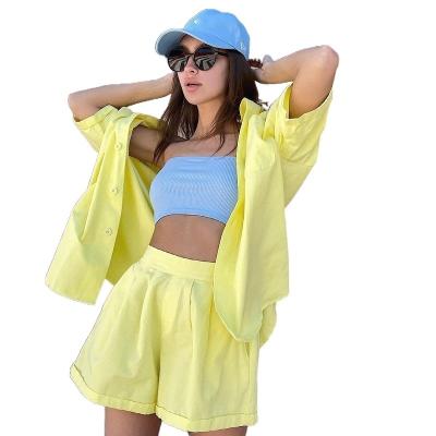 China 2022 QUICK DRY Custom Logo Women Clothing New Fashion Ladies Home Loungewear Suit 2 Piece Blouse Two Piece Outfits Shorts Shirt Solid Sets for sale