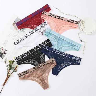 China Antibacterial Sexy Letter Thong Perspective Cavity Lace Solid Medium Low Waist Women's Short Underwear Large for sale