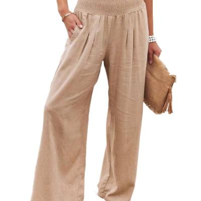 China Solid Color Summer Spring Canvas Women's Breathable Wide Leg Pants Ladies Loose Pants High Elastic Cotton Wholesale Anti-Static Waist for sale