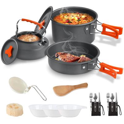 China 2 or 3 People Stocked Wholesale Portable Outdoor Portable Aluminum Alloy Camping Cookware Set Cookware Sets for sale