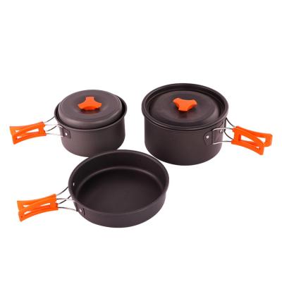 China Wholesale Portable Outdoor Nonstick Cookware Three-Piece Set Camping Cookware Stocked Aluminum Set for sale