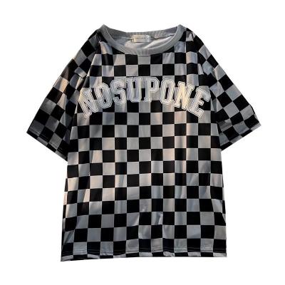 China New Fashion Anti-Wrinkle Full Multi Color Casual Checkerboard Print With Letter 100 Polyester T-shirts For Woman Loose for sale