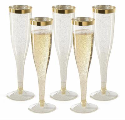 China Used for friends parties disposable plastic champagne glasses with gold glitter with gold rimmed elegance, wedding anniversary and dinner events for sale