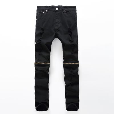 China Fashion Mens Breathable Zipper Ripped Biker Jeans Casual Cotton Hole Slim Skinny Denim Black White Black Plus Size Pants for sale