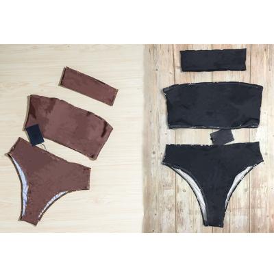 China Brand Designs Flower Letter Brand Breathable Brown And Black Fashion Bikini Full Quality Swimwear With Hair Band for sale