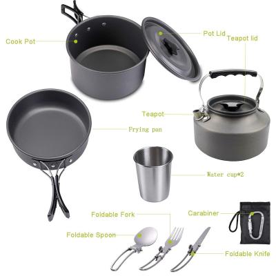 China High Temperature And Friction-resistan Alloy Portable Camping Cookware Set Picnic Pot Frying Pan Water Kettle Set With Large Bag Ds308 for sale