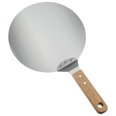 China Sustainable round shape stainless steel pizza shovel with wooden handle for homemade pizza and bread for sale