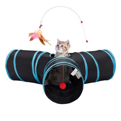 China Stocked Cat Tunnel Tube Toys 3 Way Pet Cat Tunnels Collapsible For Kitten Tunnel Bored Pet Toys Peek Inside Hole With Hanging Ball for sale