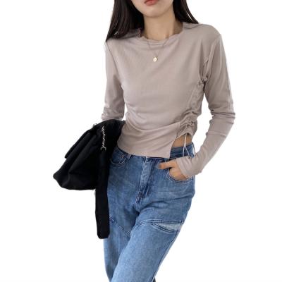 China Fashion Personalized Drawstring Pleat Design Long Sleeve T-shirt Color Customization New Speical Long Cloth T-shirt Women's Casual T-shirt Color Customization for sale