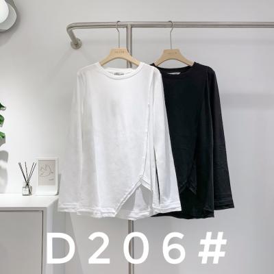 China Double layer design of the bottom of the T-shirt of the girls of the girls of the solid neck of the new women's bottom irregular slip cotton long sleeve round T-shirt for sale